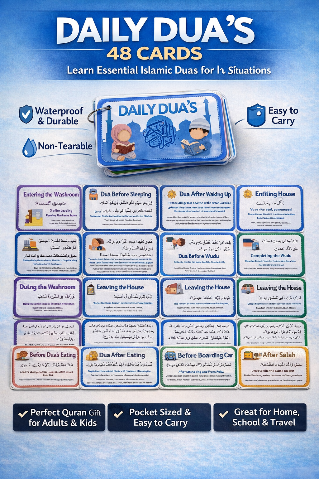 48 Daily Dua Cards -Waterproof pocket Dua cards